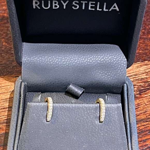 RUBY STELLA 14K YELLOW GOLD DIAMOND HUGGIE HOOPS WITH SECURITY LATCH - Picture 7 of 11